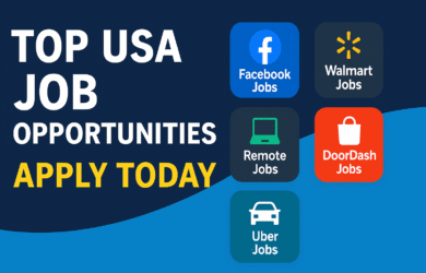 Promotional banner for top USA job opportunities including Facebook, Walmart, Remote Jobs, DoorDash, and Uber.